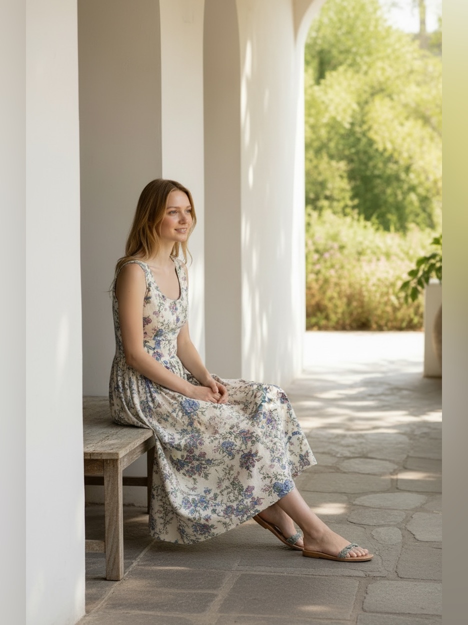 J. Crew English Garden Floral Scoop- Neck Midi Dress In Blue, Pink & Green Print